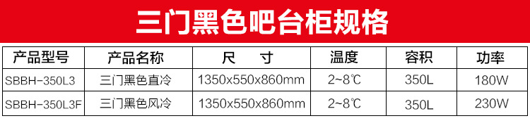 綠零三門黑色風(fēng)冷直冷吧臺冷藏冰柜 商用桌上型啤酒展示冷柜